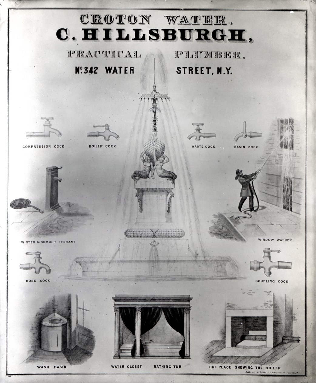 Croton Water. C. Hillsburgh, praktisch loodgieter, nr. 342 Water Street, New York, 1840s door J. Childs