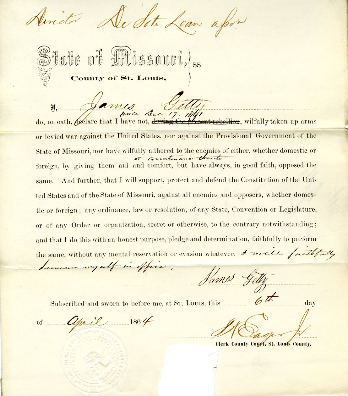 Loyaliteitseed van James Getty uit Missouri, County of St. Louis door J. Getty