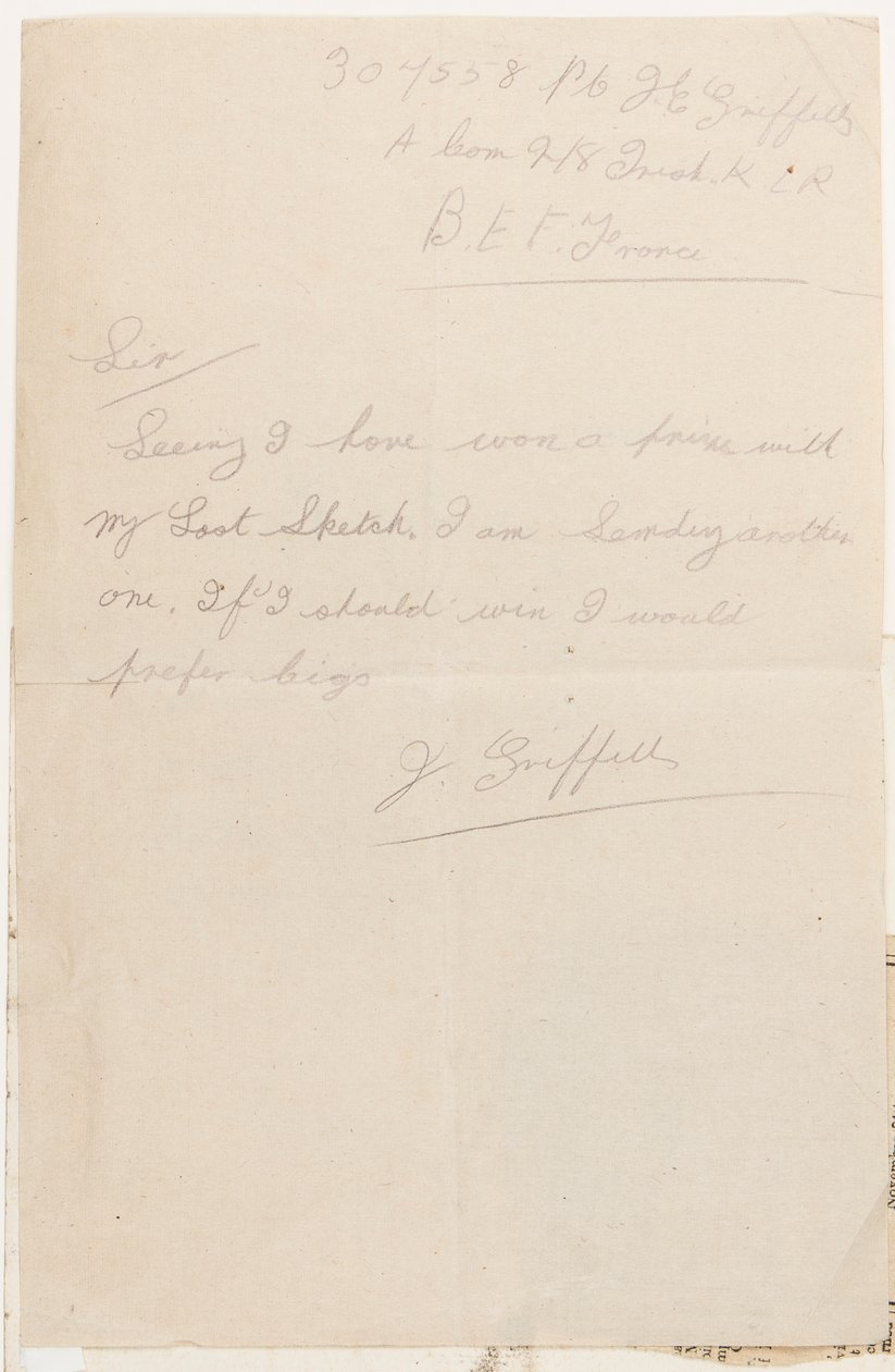 Brief aan de wedstrijdredacteur van de Liverpool Weekly Courier, 1917 door J. Griffiths