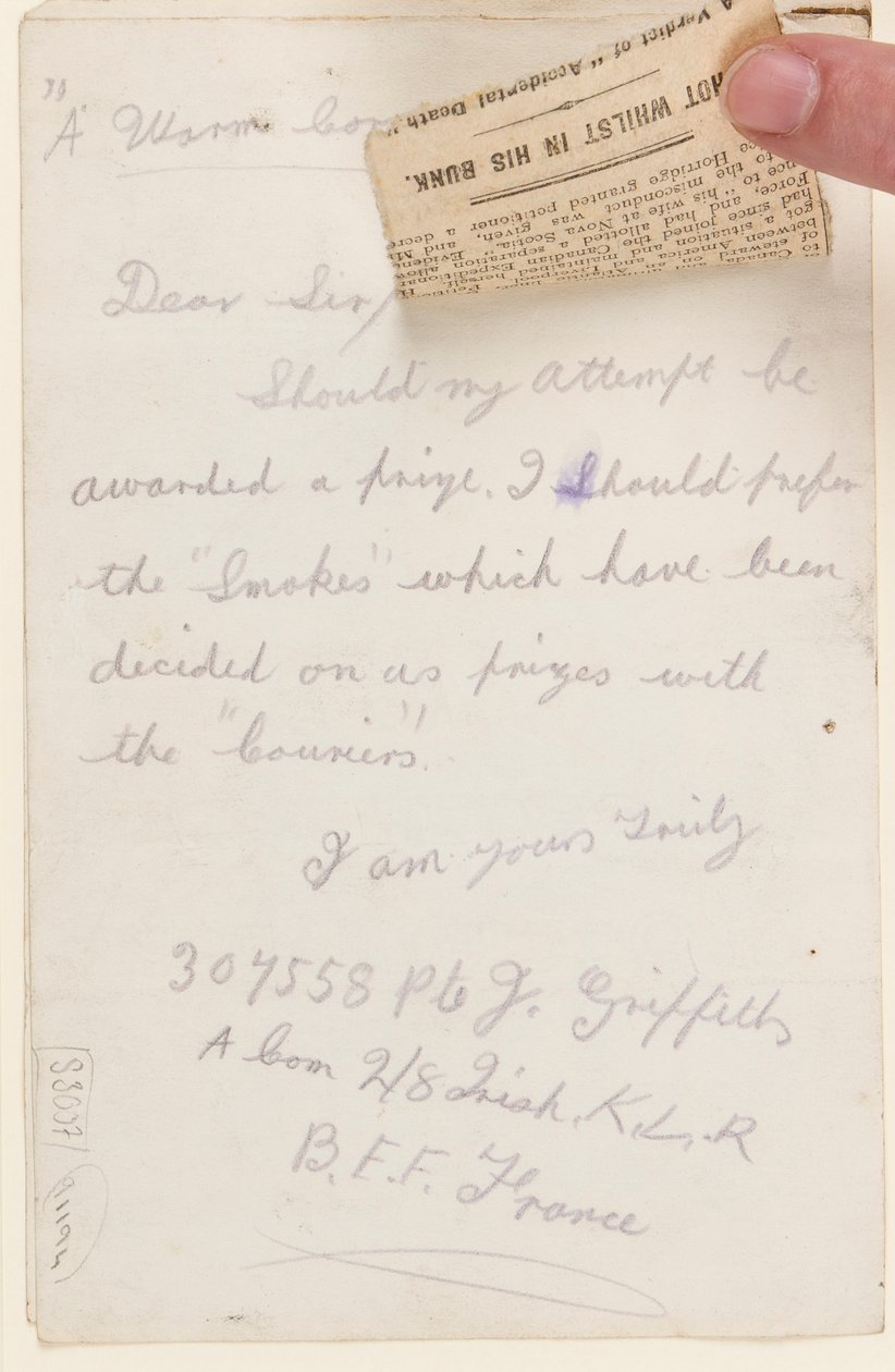 Brief aan de wedstrijdredacteur van de Liverpool Weekly Courier, 1917 door J. Griffiths