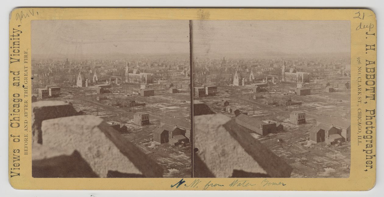 Stereograaf van het uitzicht noordwest vanaf de Water Tower na de brand van Chicago in 1871 door J. H. Abbott