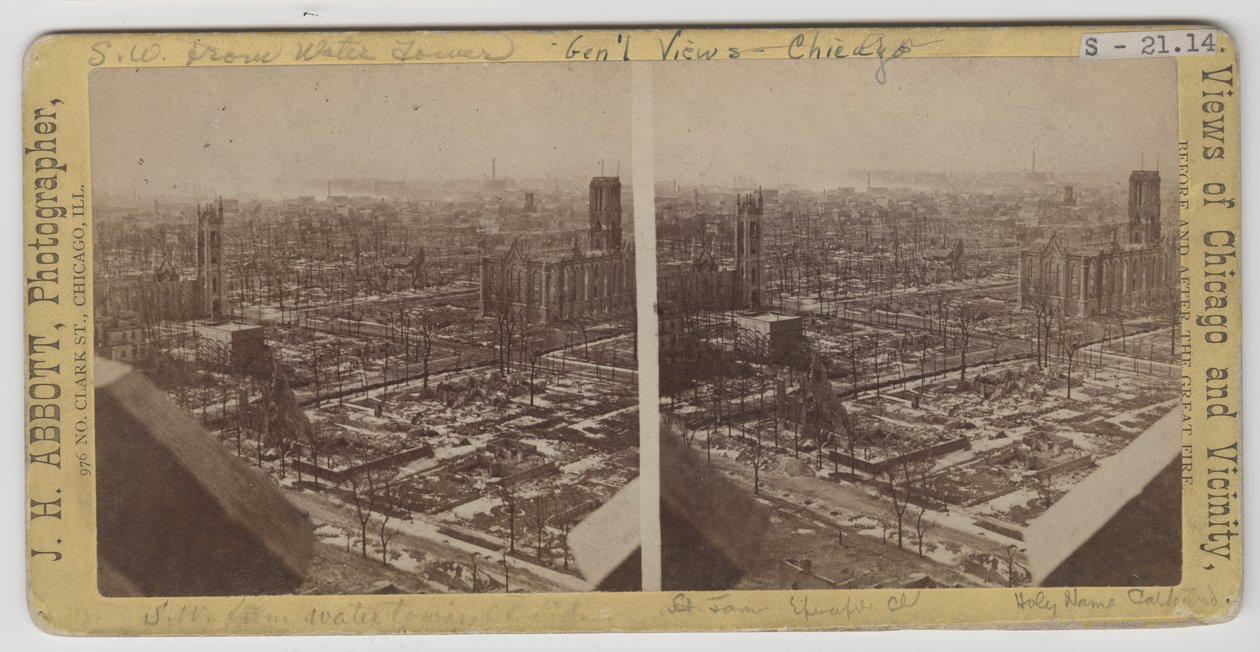 Stereograaf van het uitzicht zuidwest vanaf de Water Tower na de brand van Chicago in 1871 door J. H. Abbott