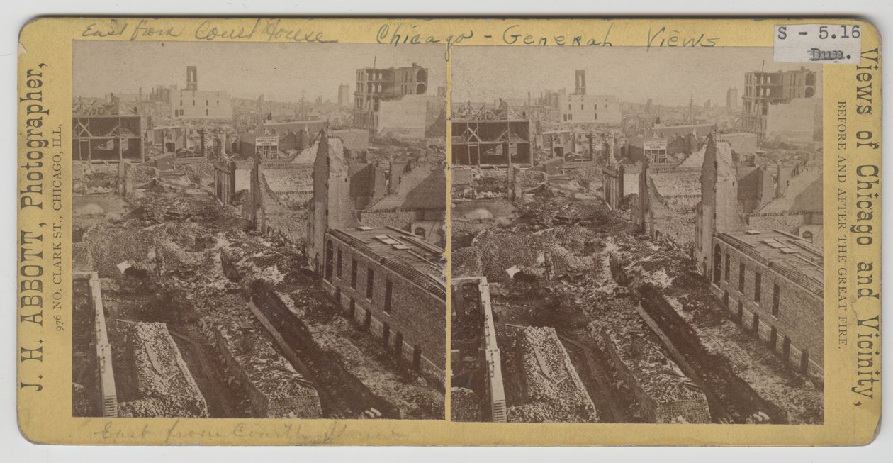 Het uitzicht oost vanaf het gerechtsgebouw na de brand van Chicago in 1871 door J. H. Abbott