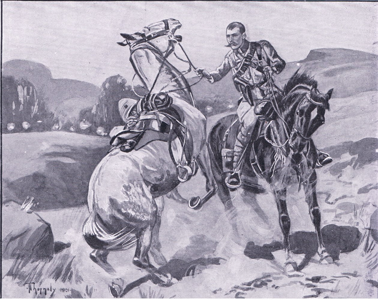 Majoor Brown, 14e Huzaren, houdt luitenant Browns paard vast onder zwaar vuur, illustratie uit Na Pretoria: De Guerrillaoorlog, 1902 door J. H. Thorneley