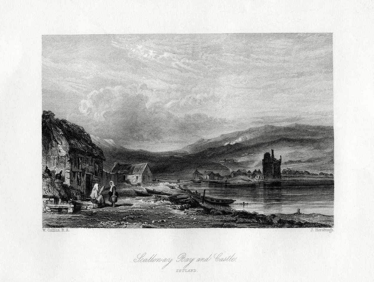 Scalloway Baai en kasteel, Zetland, 19e eeuw door J. Horsburgh
