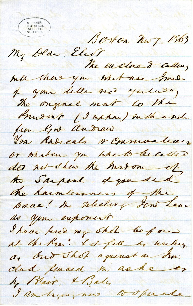 Brief ondertekend door J.M.F. [J.M. Forbes], Boston, aan Eliot [William G. Eliot], 7 november 1863 door J. M. Forbes