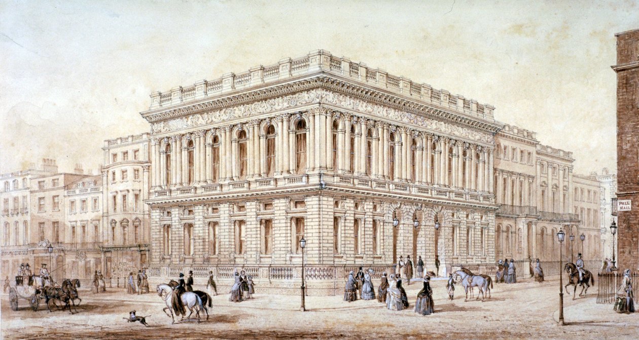 Uitzicht op de Army and Navy Club op Pall Mall, Westminster, Londen, ca. 1853 door J Marchant