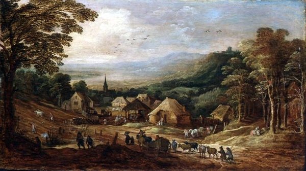 Herfstlandschap met boeren door J. and Momper J. de Brueghel