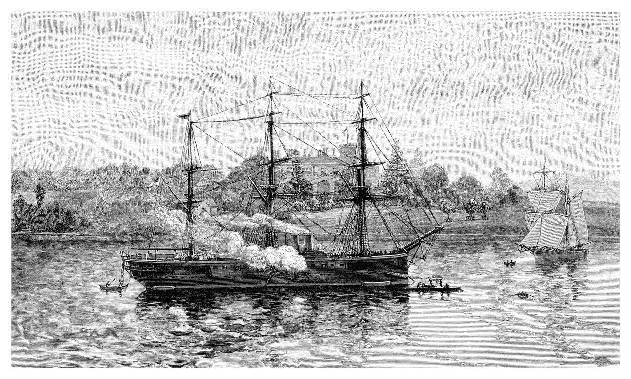 Regeringshuis en HMS Nelson, Sydney, New South Wales, Australië, 1886 door J. R. Ashton