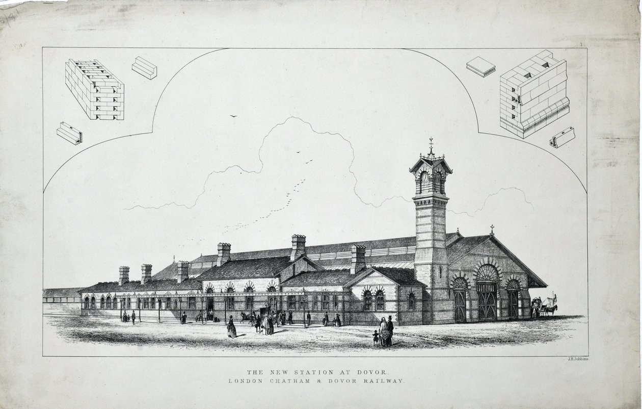 Nieuw station in Dovor. London, Chatham en Dovor Railway. 1860 door J. R. Jobbins