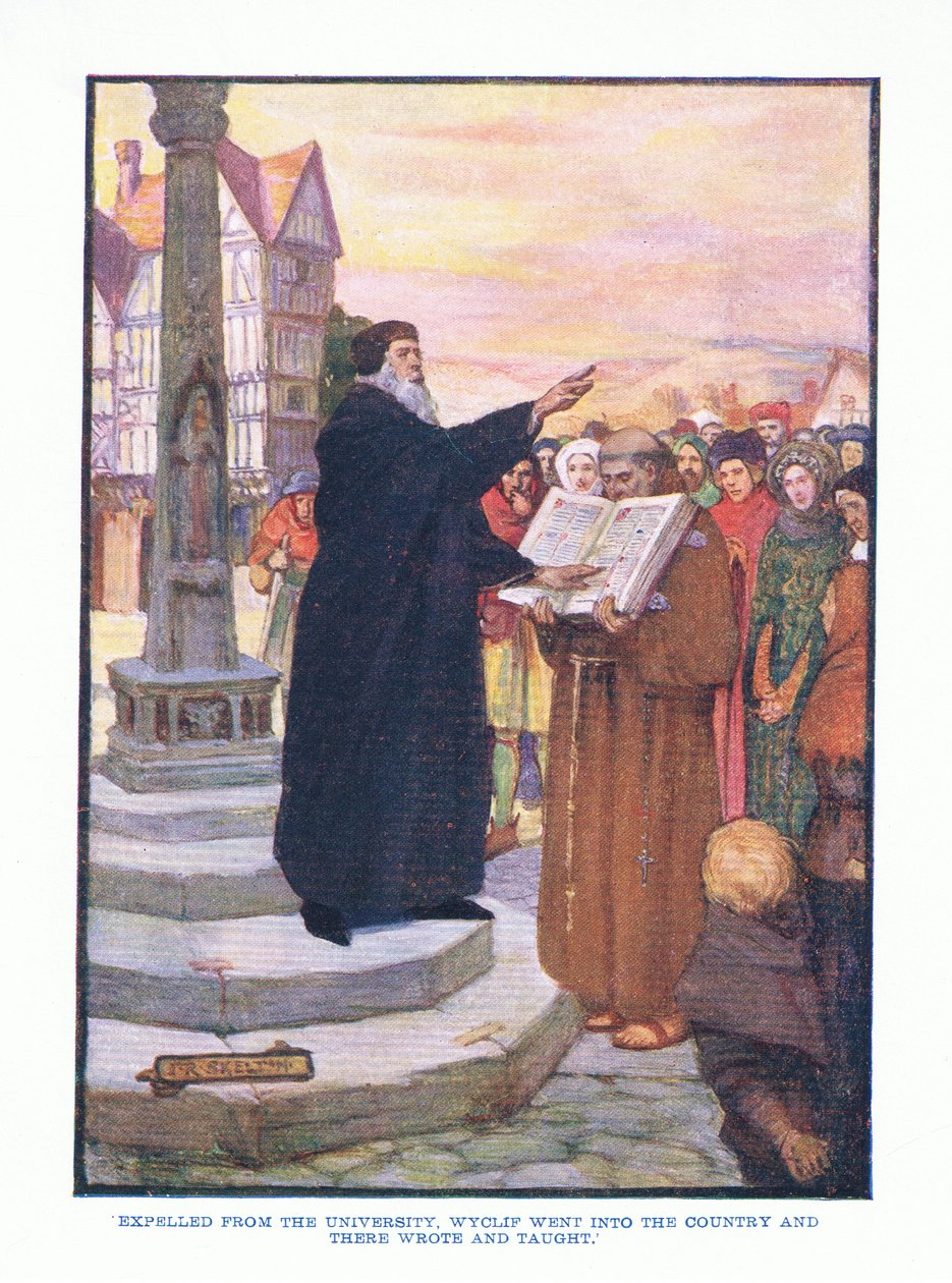 Verbannen van de universiteit, ging Wyclif naar het platteland en schreef en onderwees daar, uit Engelse Literatuur uitgegeven door T C & EC Jack, ca. 1920 door J. R. Skelton