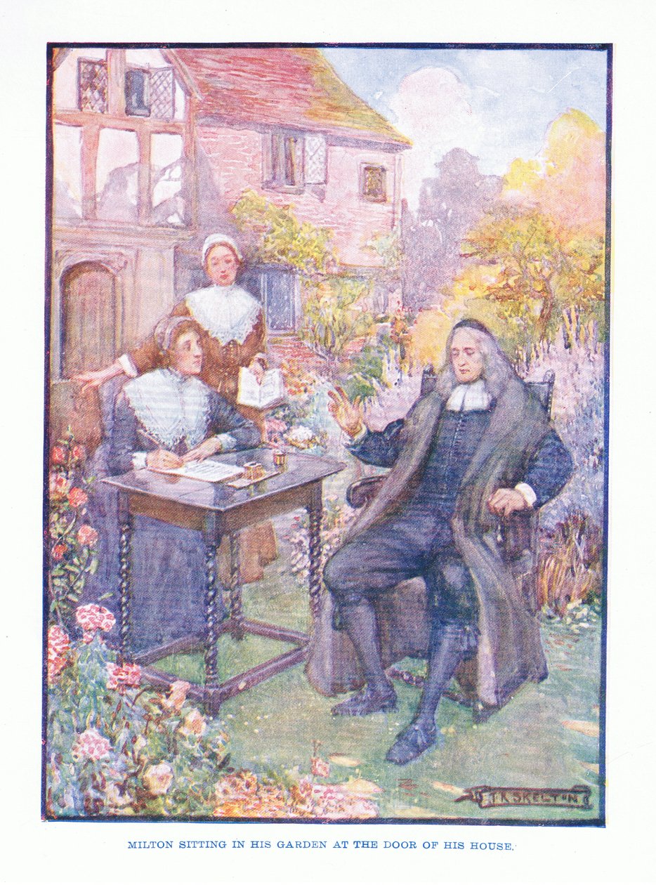 Milton zittend in zijn tuin bij de deur van zijn huis, uit Engelse Literatuur uitgegeven door T C & EC Jack, ca. 1920 door J. R. Skelton