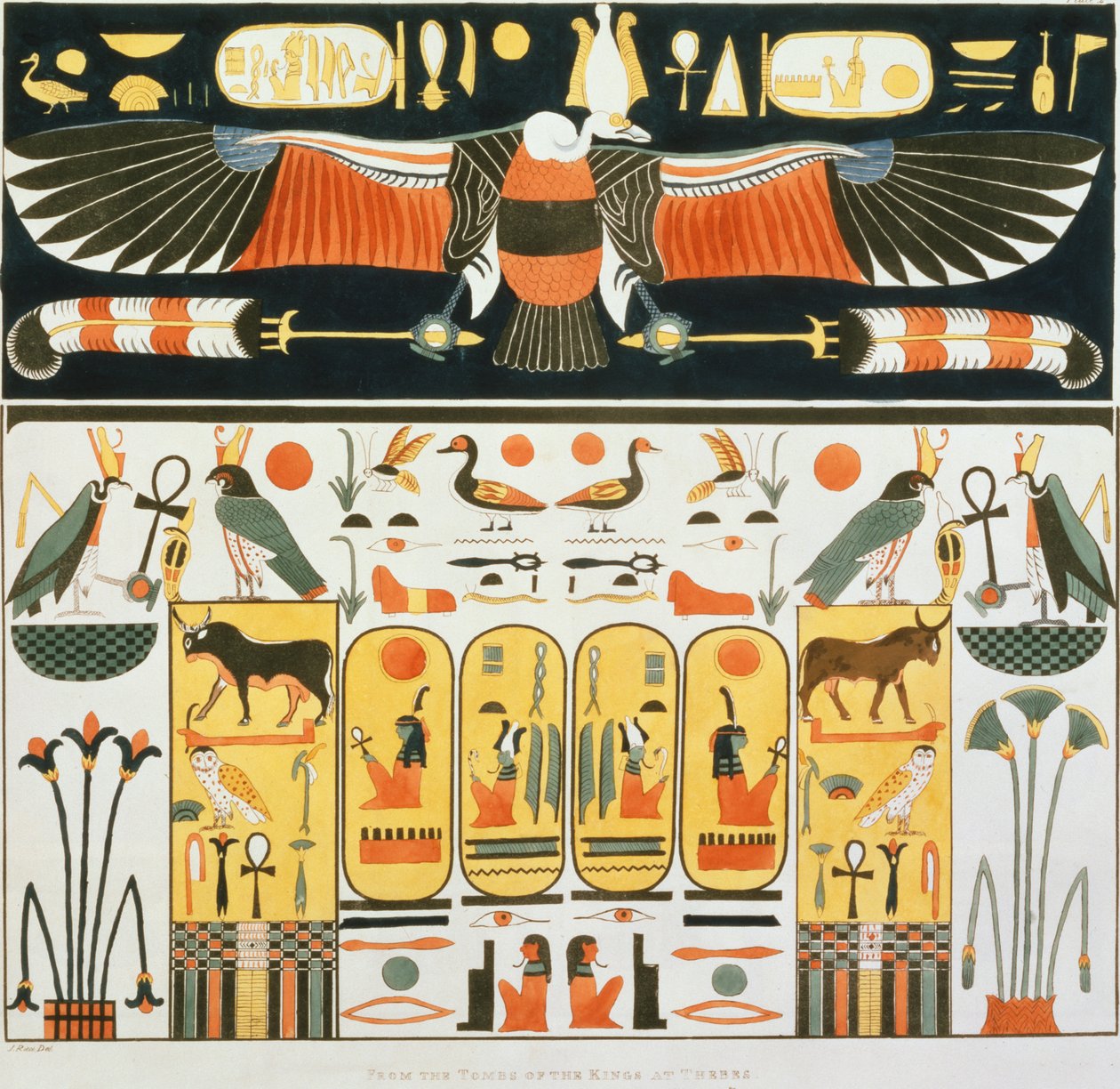 Muurschildering uit de Graven van de Koningen van Thebe, ontdekt door G. Belzoni, plaat 2 uit `Plates Illustrative of the Researches in Egypt and Nubia` door J. Ricci