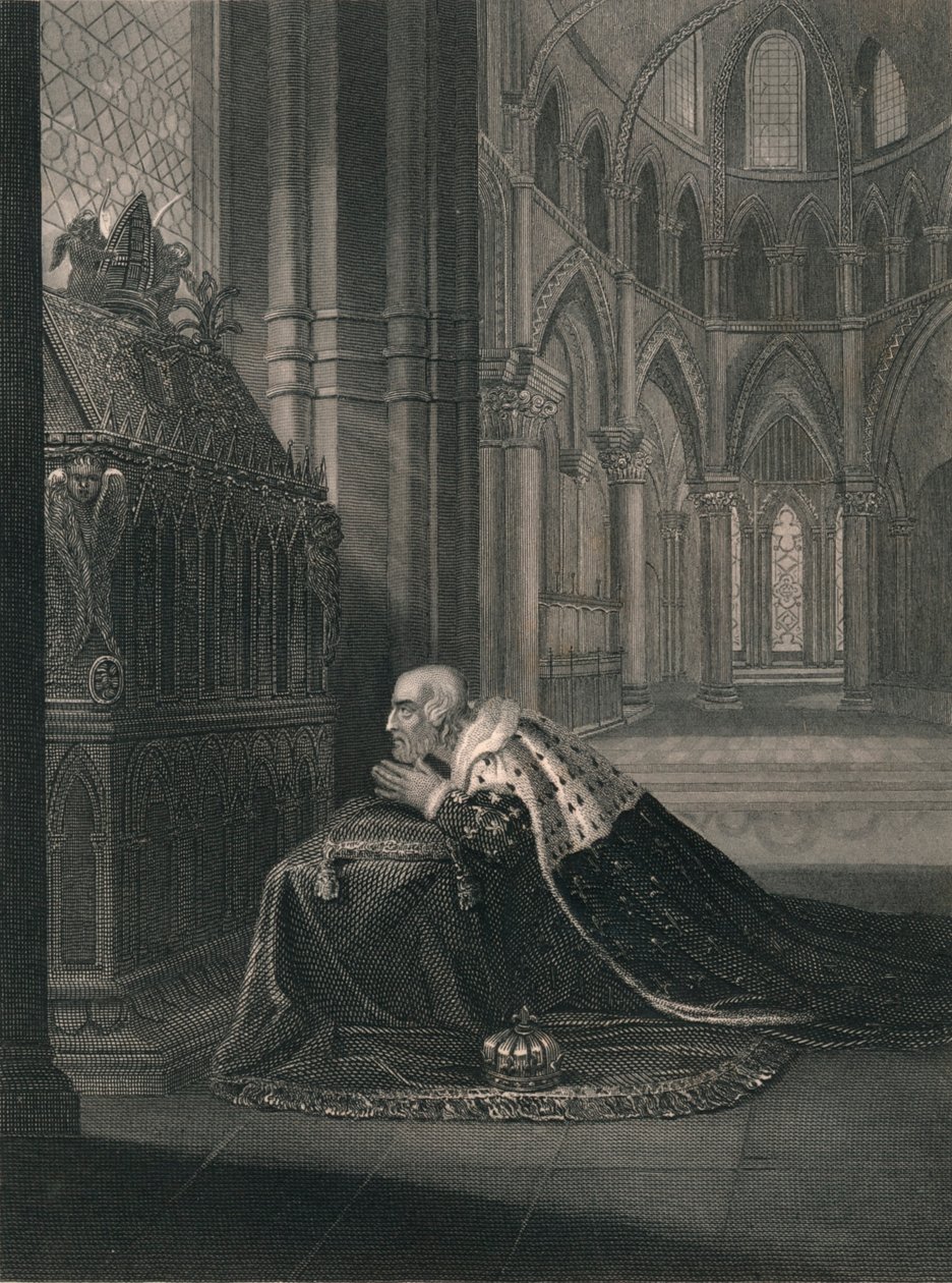 Lodewijk VII, koning van Frankrijk, voor het graf van Becket, midden 19e eeuw door J. Rogers