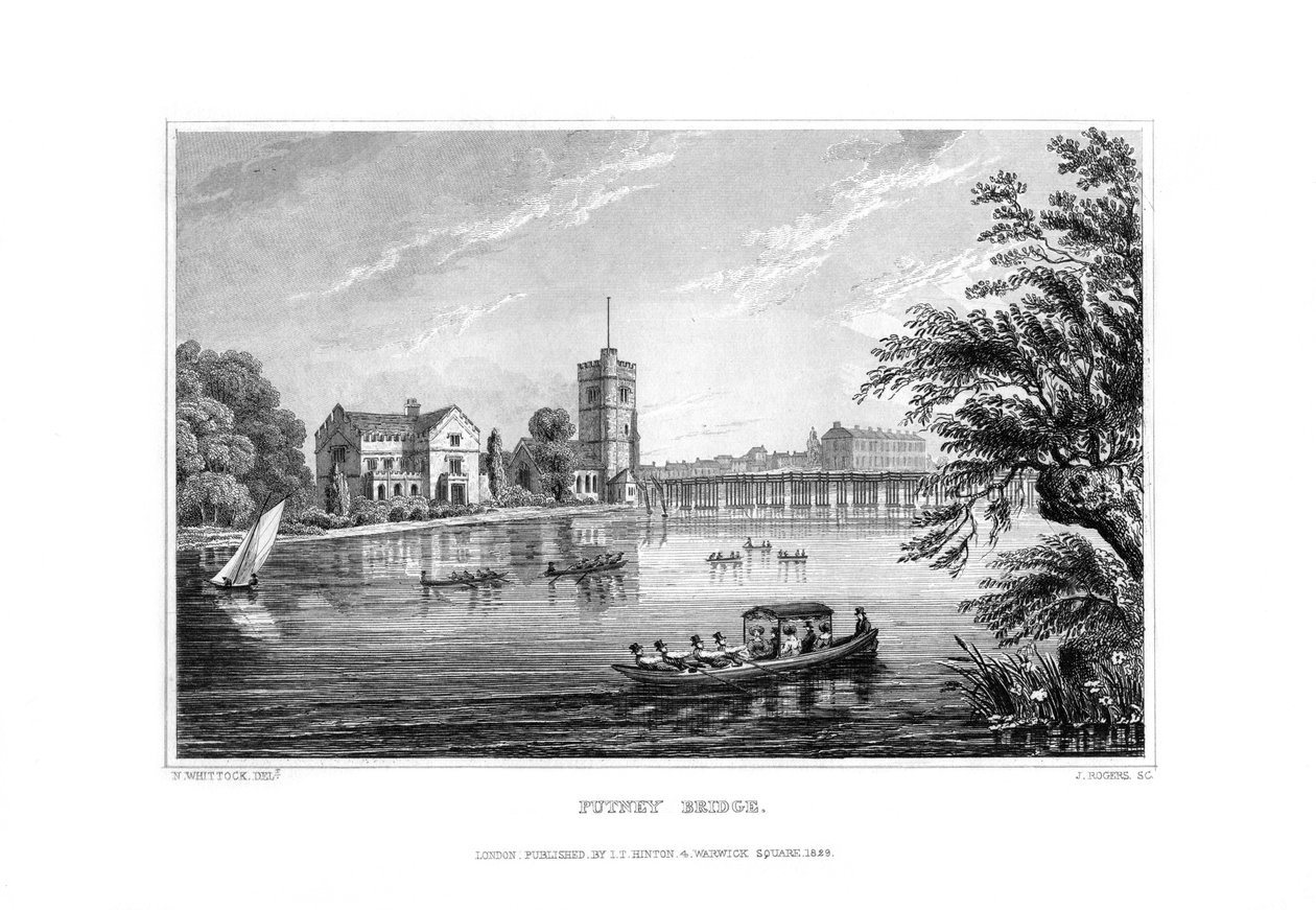 Putney Bridge, Londen, 1829 door J. Rogers
