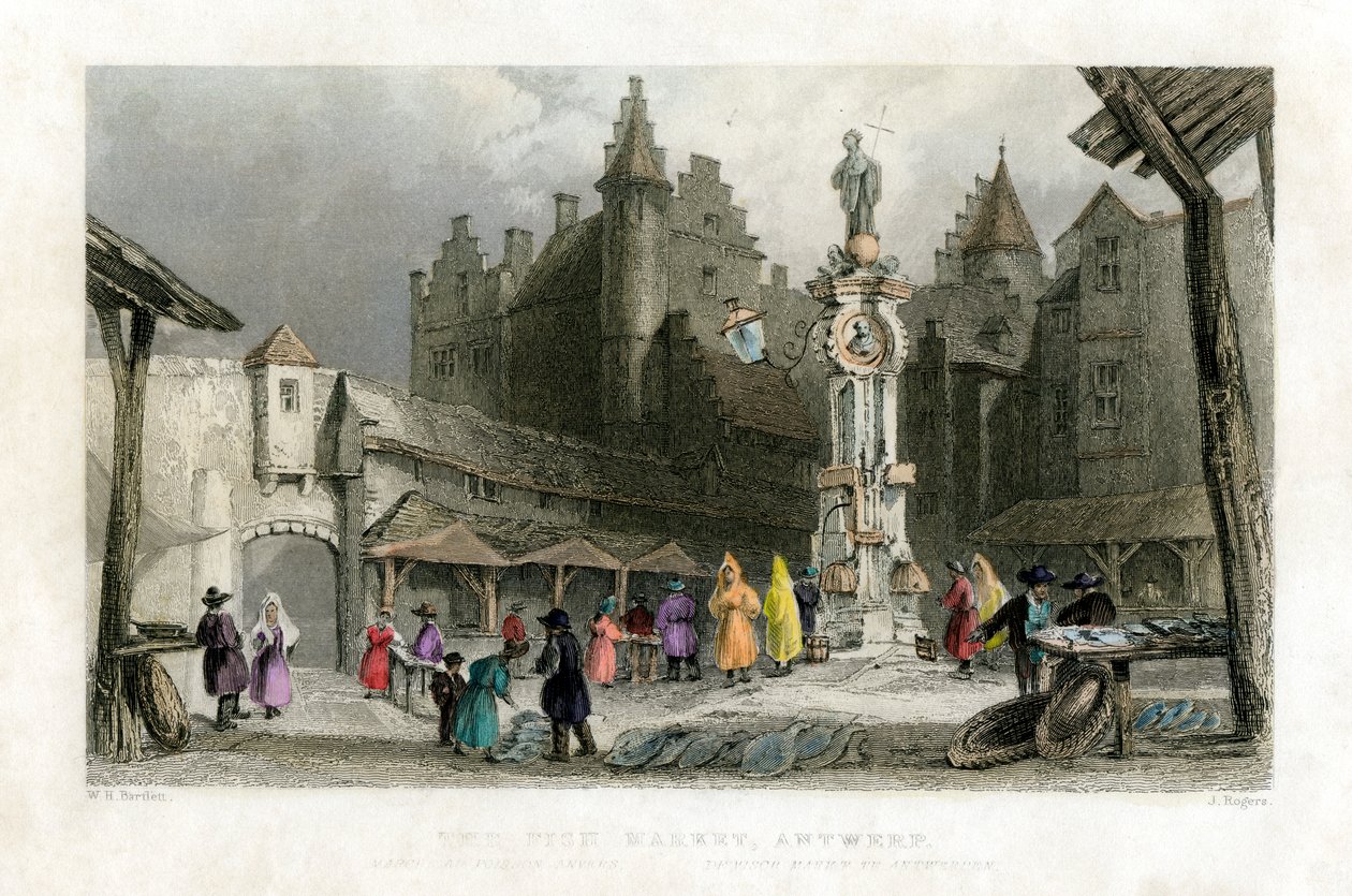 De vismarkt, Antwerpen, België, 19e eeuw door J. Rogers