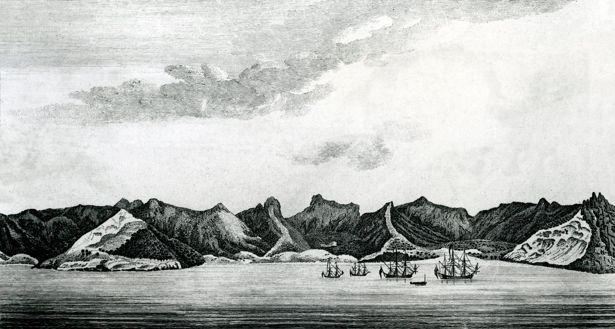 Een uitzicht op Cumberland Bay op het eiland Juan Fernandes, c.1745 (gravure) door J. S. Mason
