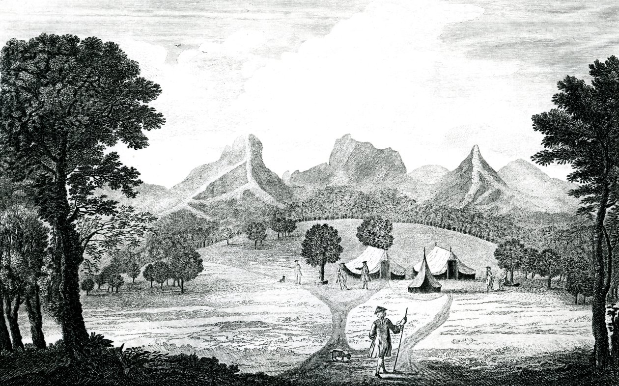 Een uitzicht op de tent van de commodore op het eiland Juan Fernandes, c.1745 (gravure) door J. S. Mason