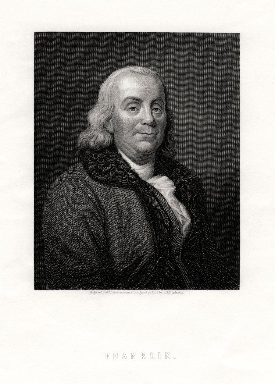 Benjamin Franklin, politiek figuur en staatsman van de Verenigde Staten, 19e eeuw door J. Thomson