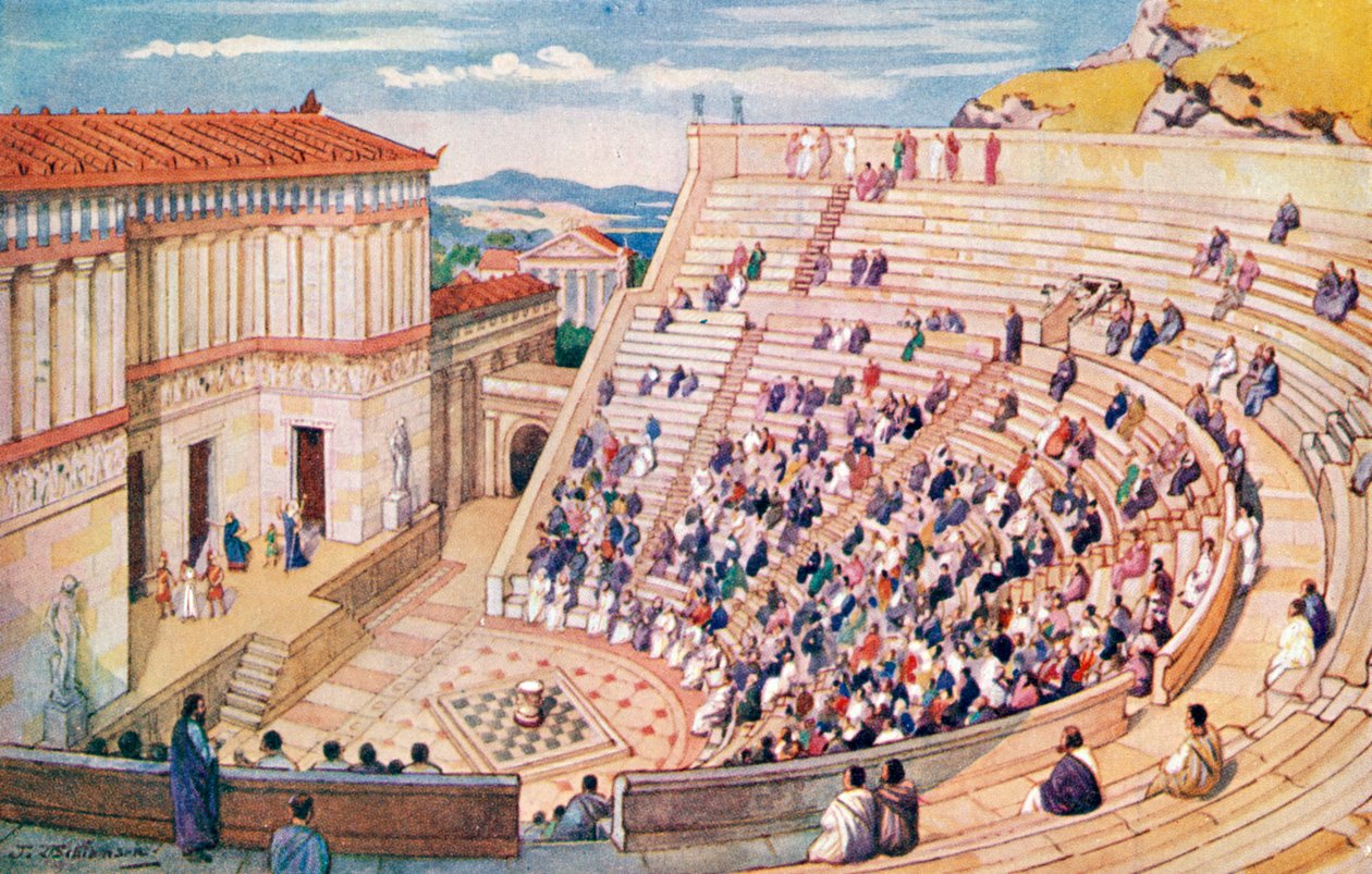 Ansichtkaart met afbeelding van een amfitheater, Romeinse Rijk (print) door J. Williamson