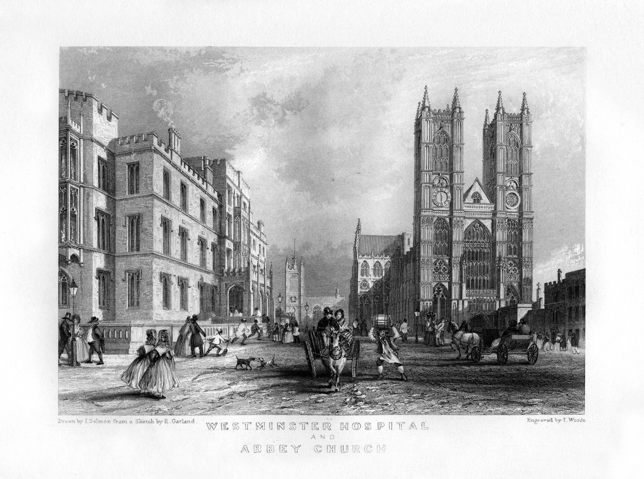 Westminster Hospital en Abdijkerk, Londen, 19e eeuw door J. Woods
