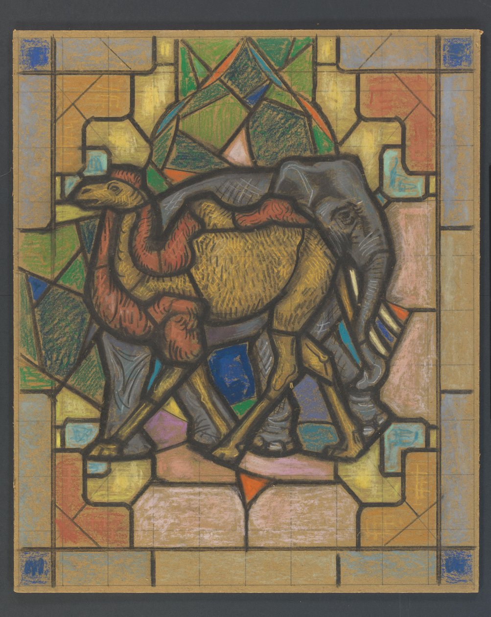Ontwerp voor een glas in loodraam met een kameel en olifant door Jaap Weyand