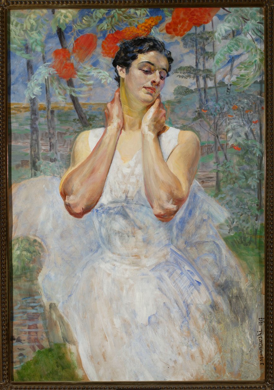 Portret van een vrouw tegen de achtergrond van een lijsterbes door Jacek Malczewski