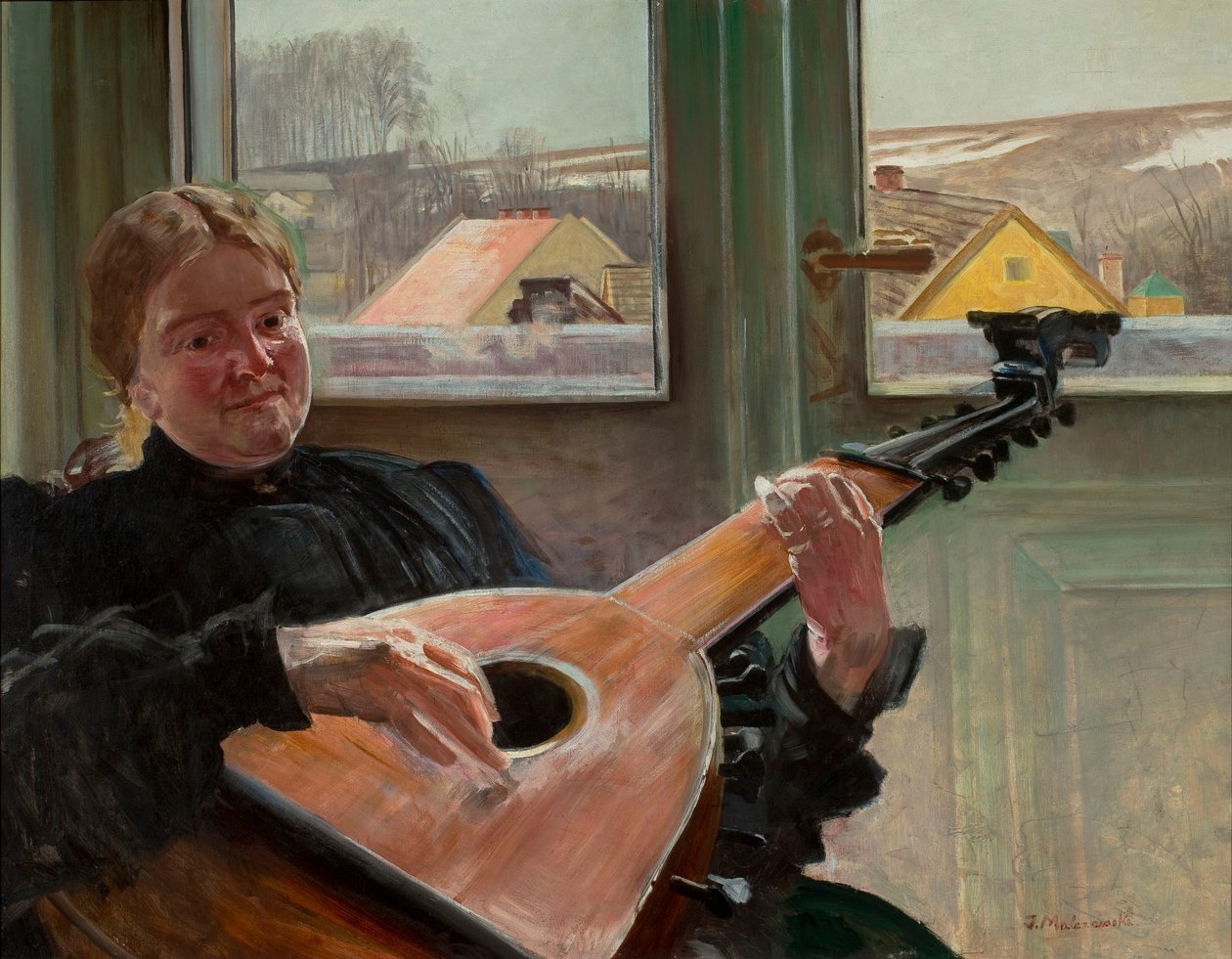 Portret van Helena, de zus van de kunstenaar, met een luit door Jacek Malczewski