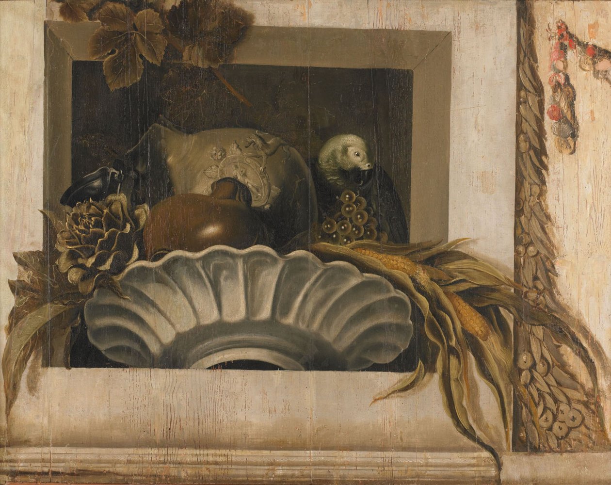 Stilleven van Groenten en een Papegaai in een Niche door Jacob van Campen