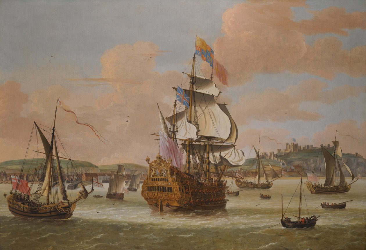 Karel II en Jacobus, Hertog van York, aan boord van H.M.S. Triumph, met drie Koninklijke Jachten van Dover door Jacob Knijff