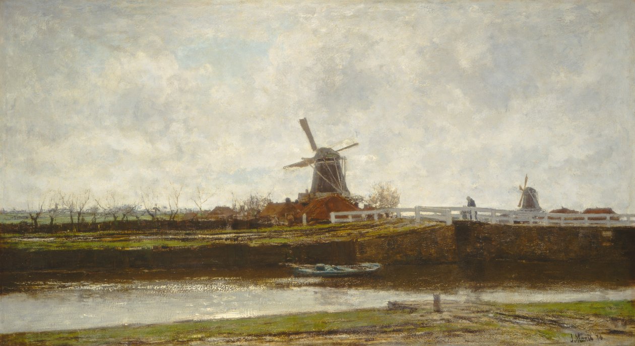Uitzicht op de molen en brug aan de Noordwest Buitensingel in Den Haag door Jacob Henricus or Hendricus Maris