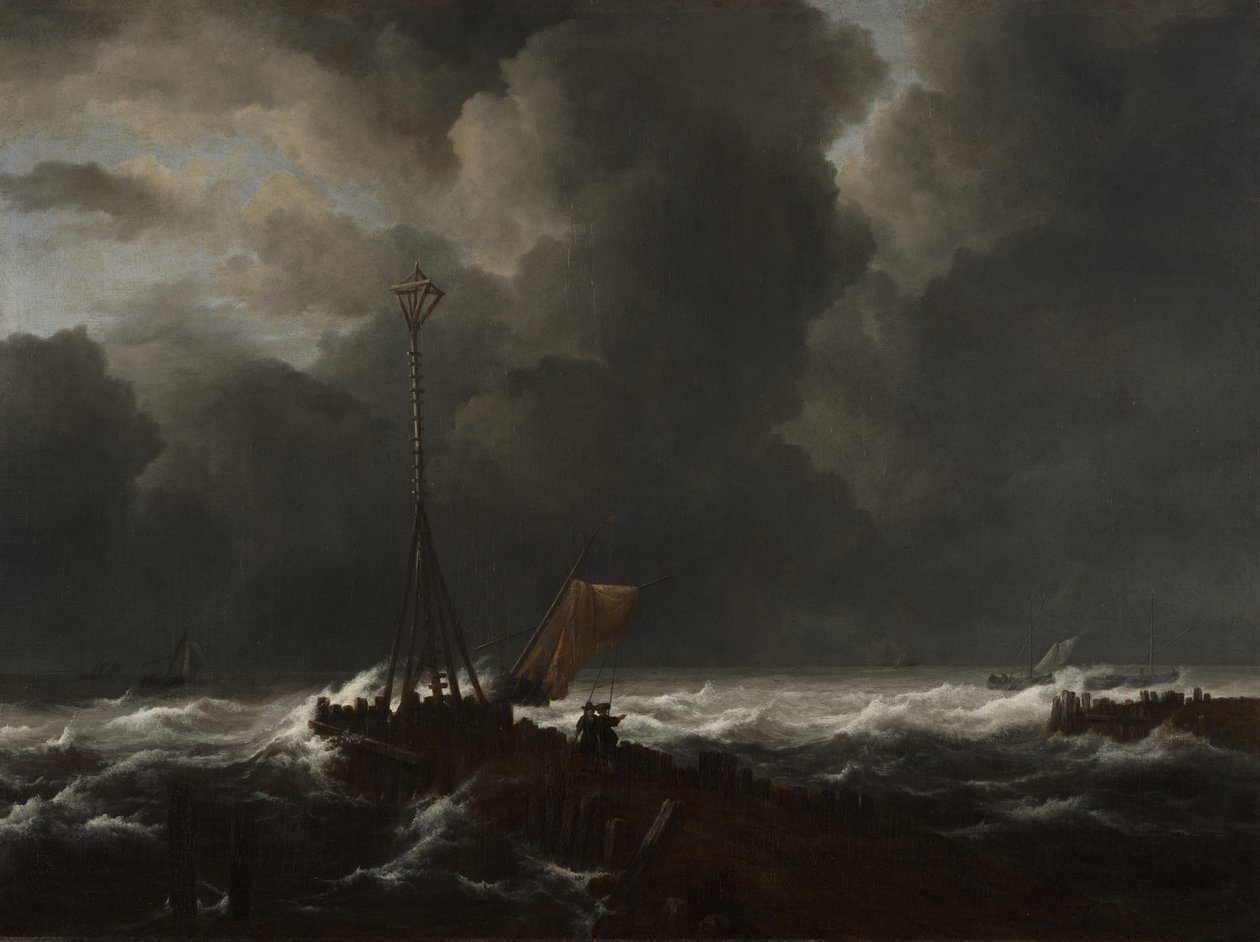 Woeste zee bij een pier door Jacob van Ruisdael