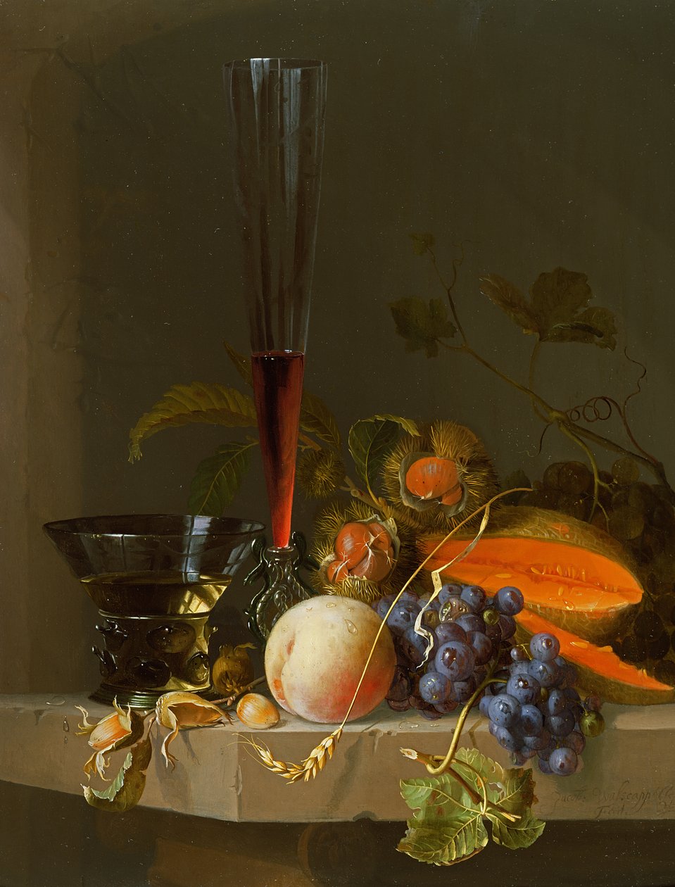 Stilleven van fruit op een richel met een roemer en een wijnglas door Jacob van Walscapelle