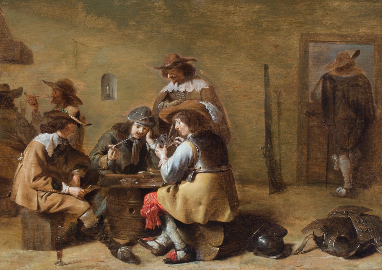 Het interieur van een wachtkamer met kaartspelende cavaliers (olieverf op paneel) door Jacob (attr.to) Duck