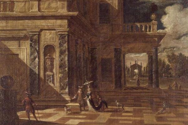Architectonische capriccio met elegante figuren door Jacob Balthasar Peeters