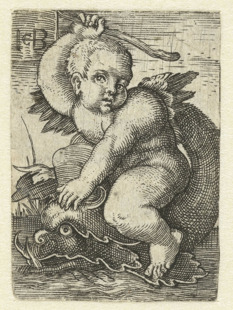 Putto op dolfijn door Jacob Binck