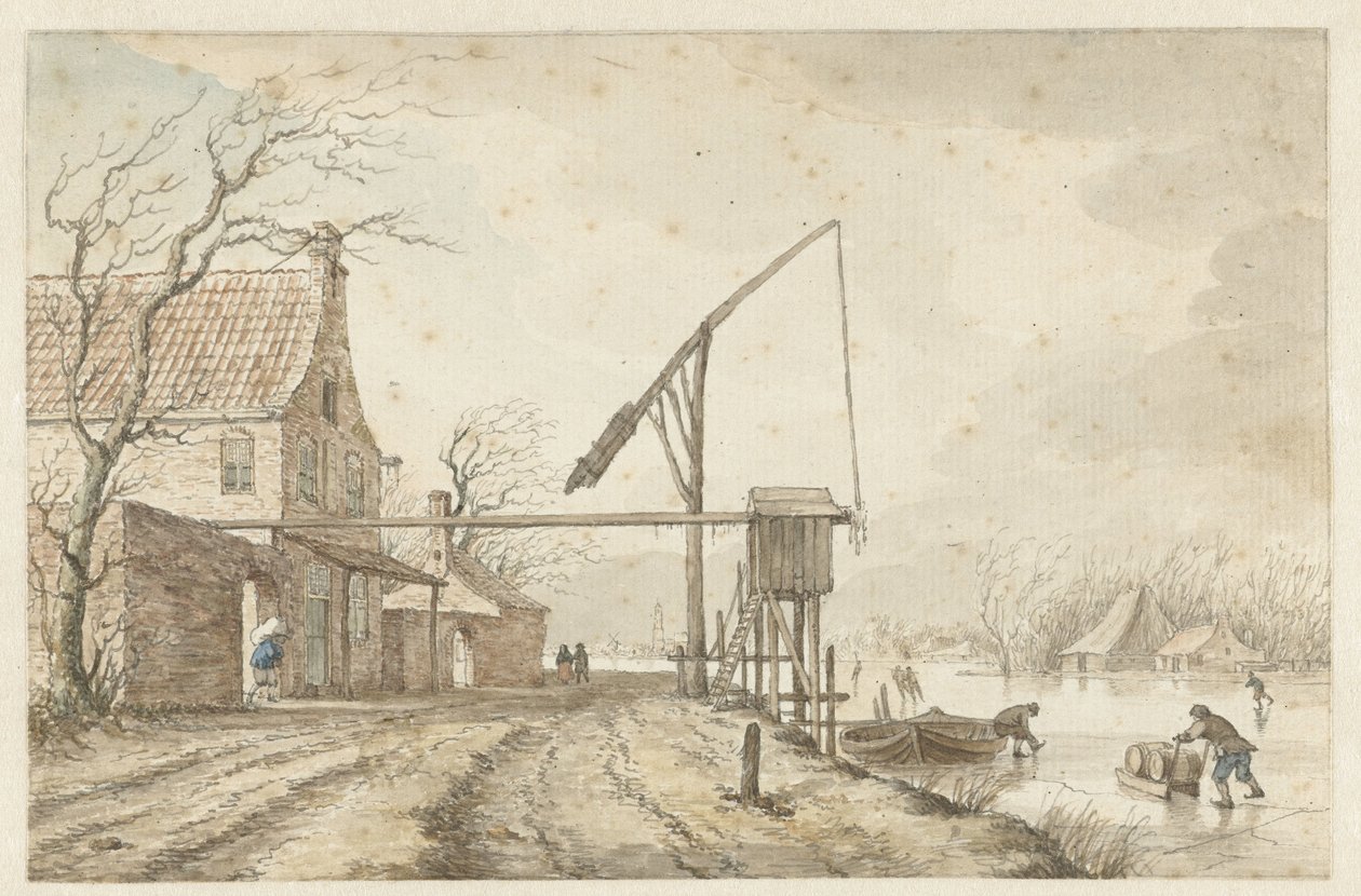 Winterlandschap met huizen en hefboom langs bevroren vaart door Jacob  Cats