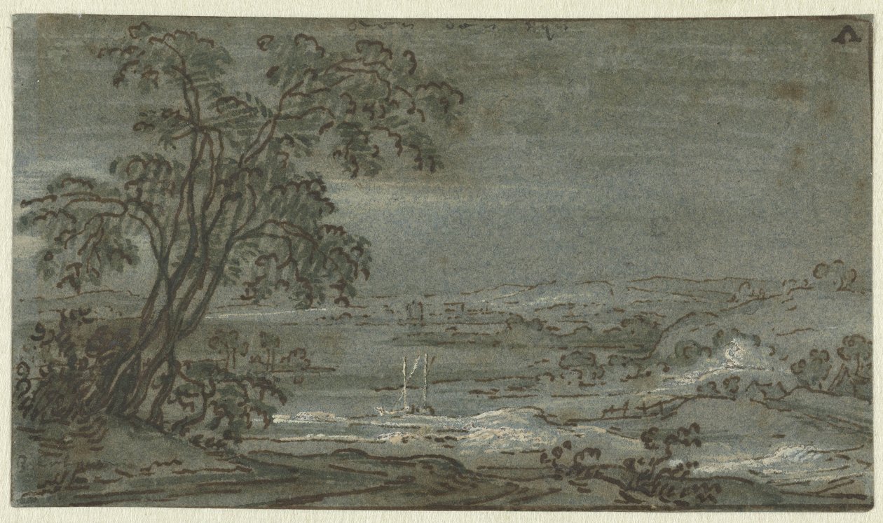 Heuvelig landschap met rivierbocht door Jacob Colijn
