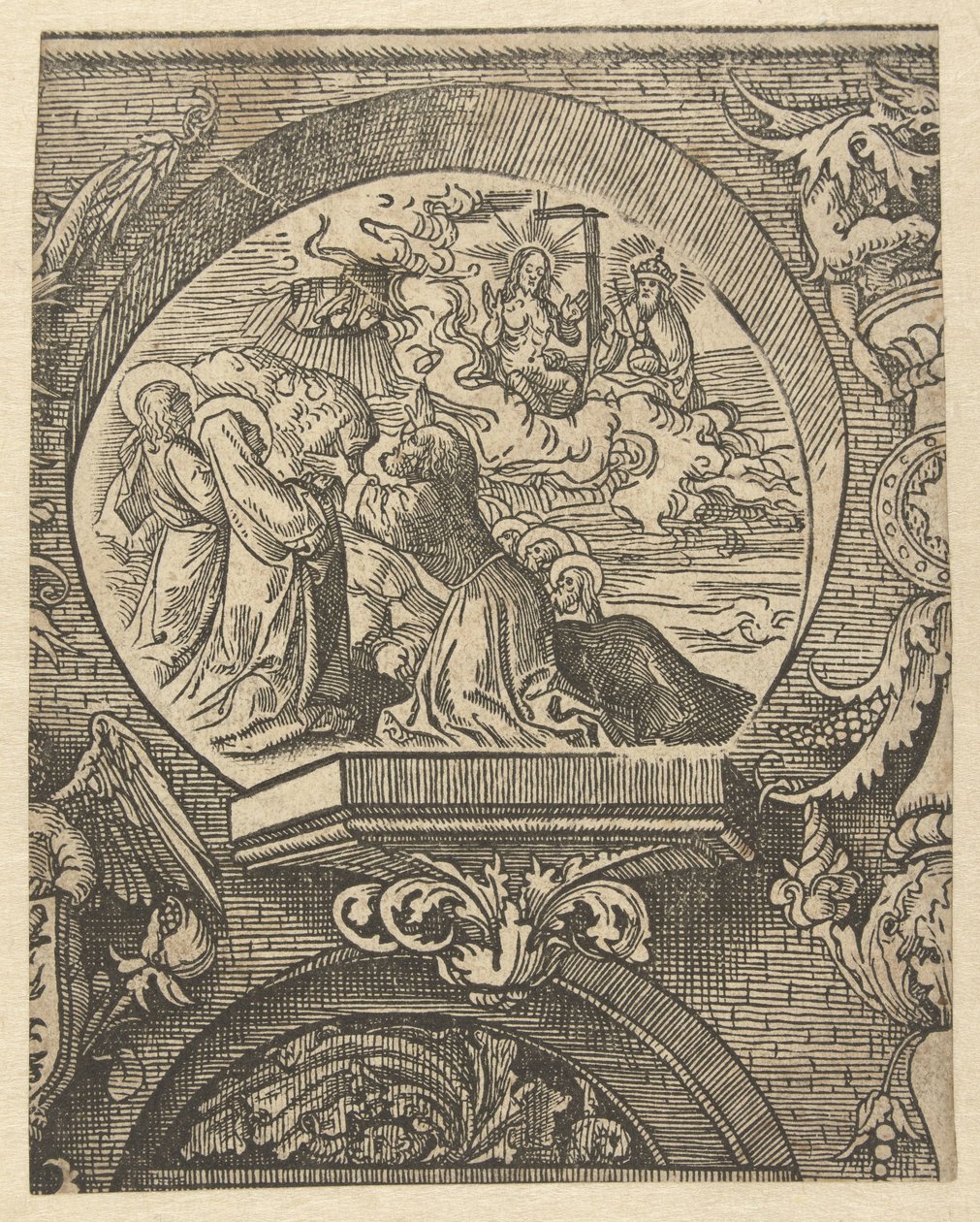 De hemelvaart en Christus voor God de Vader door Jacob Cornelisz van Oostsanen
