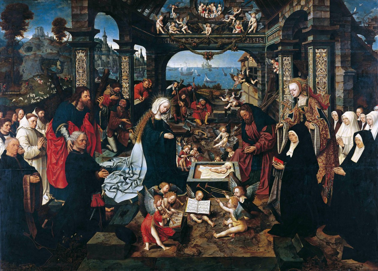 Dutch: De geboorte met Margriet Dirck Boelensdr. en haar familie, de HH. Andreas en Margaretha The Nativity door Jacob Cornelisz van Oostsanen