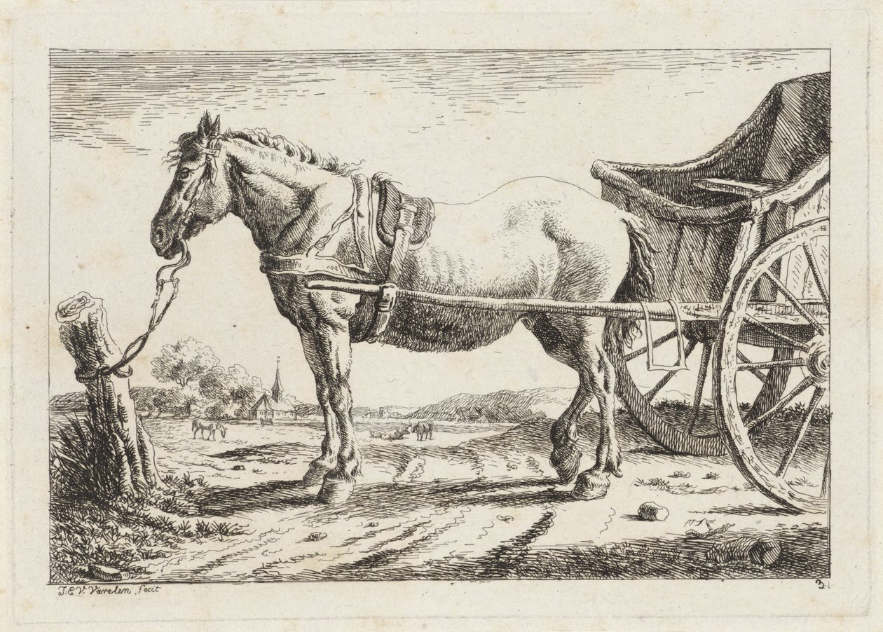 Staand paard, voor een wagen gespannen door Jacob Elias van Varelen