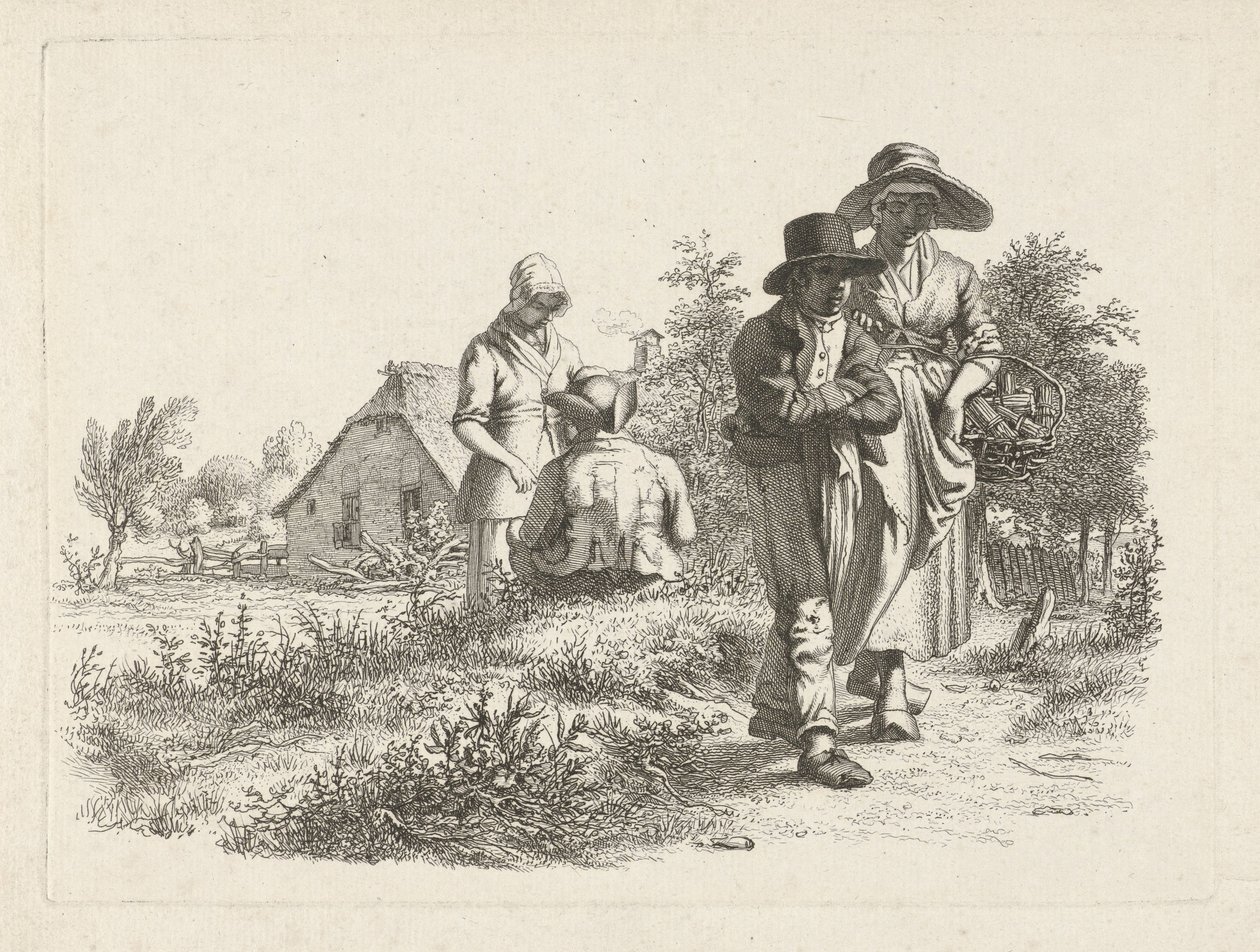 Blinde vrouw en converserende figuren bij een boerderij door Jacob Ernst Marcus