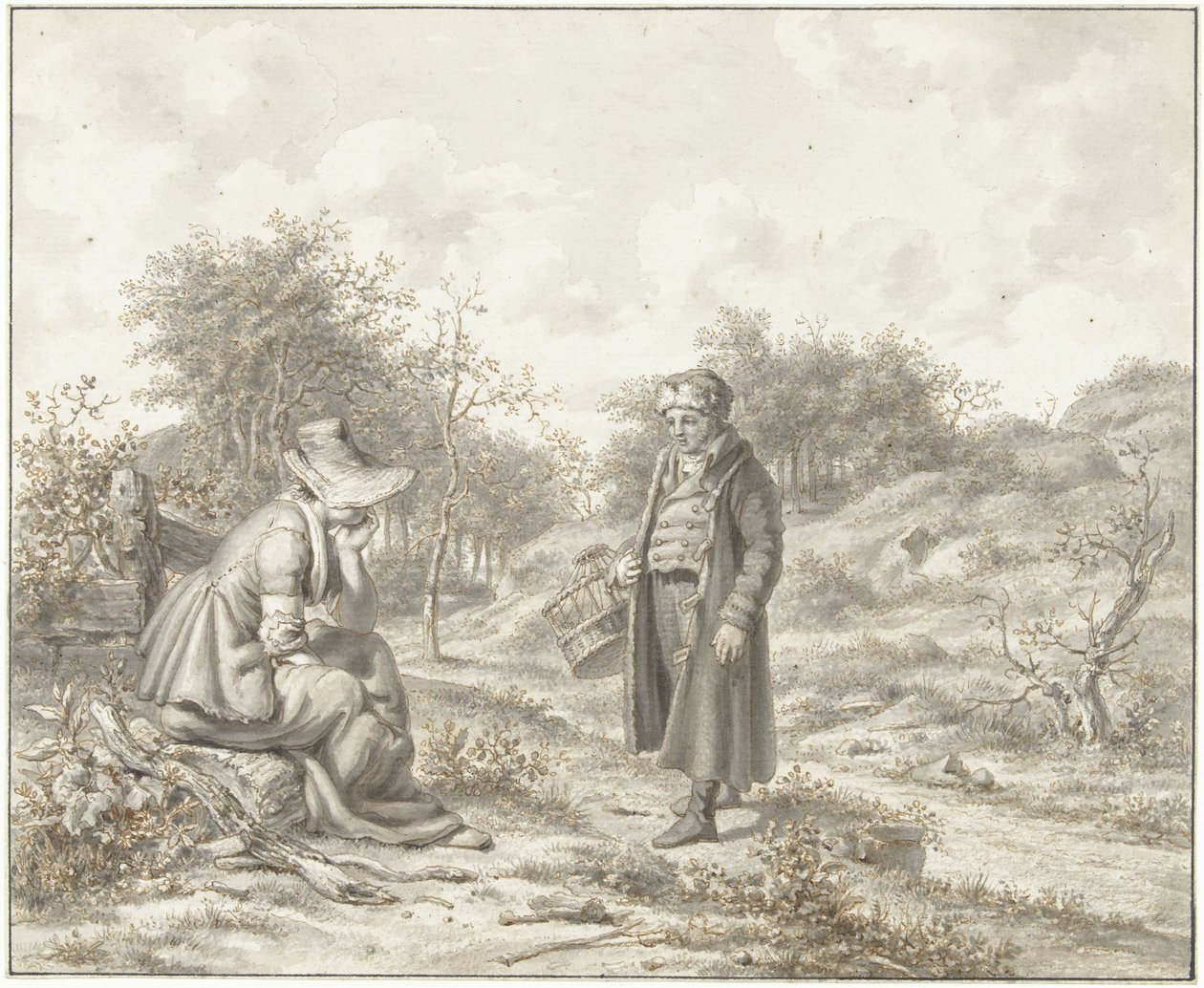 Heuvelig landschap met zittende vrouw en staande man met korf door Jacob Ernst Marcus