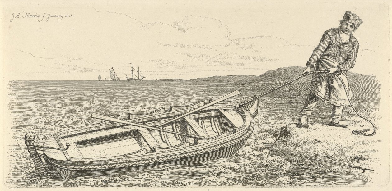 Man trekt zijn roeiboot aan wal door Jacob Ernst Marcus