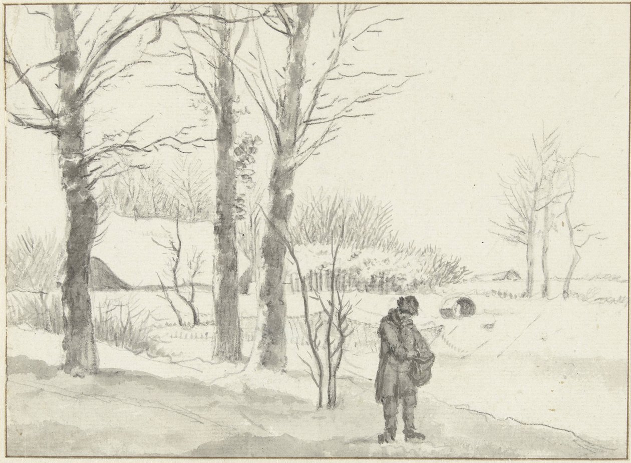 Sneeuwlandschap met staande man door Jacob Ernst Marcus