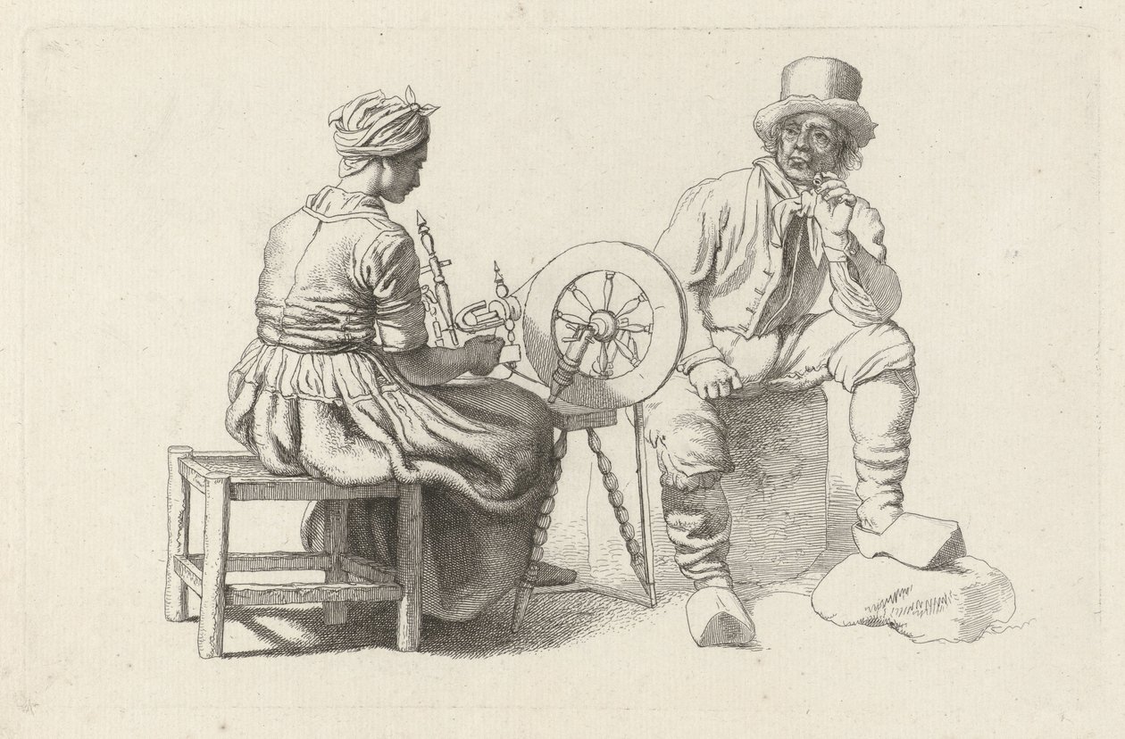 Studieblad met een vrouw aan een spinnewiel en een zittende man door Jacob Ernst Marcus