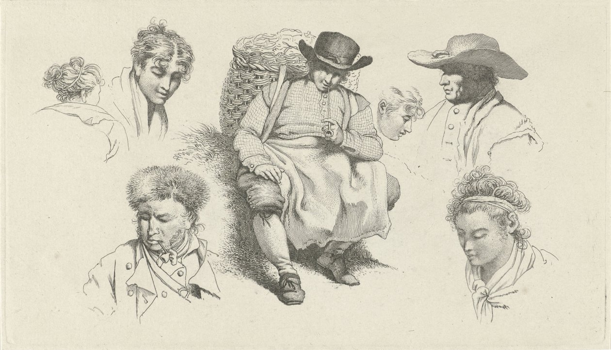 Studieblad met figuren en een rustende visboer met pijp door Jacob Ernst Marcus