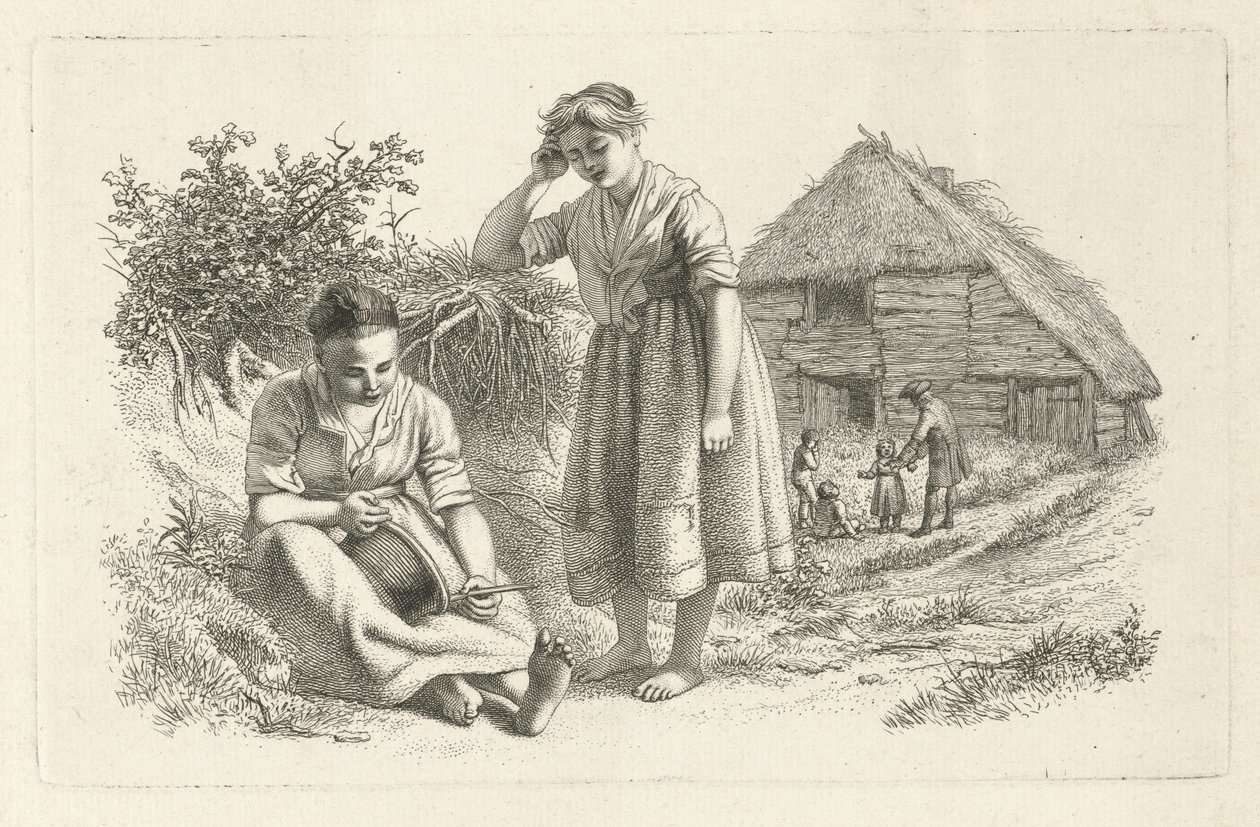 Twee vrouwen en een man met kinderen voor een boerenschuur door Jacob Ernst Marcus