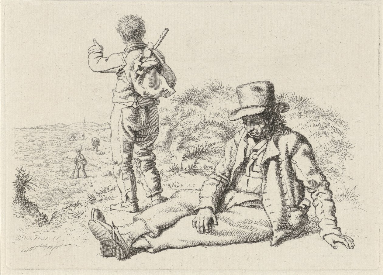 Zittende en een staande man aan een strand (Studie-prentwerk / Etudes gravées) door Jacob Ernst Marcus