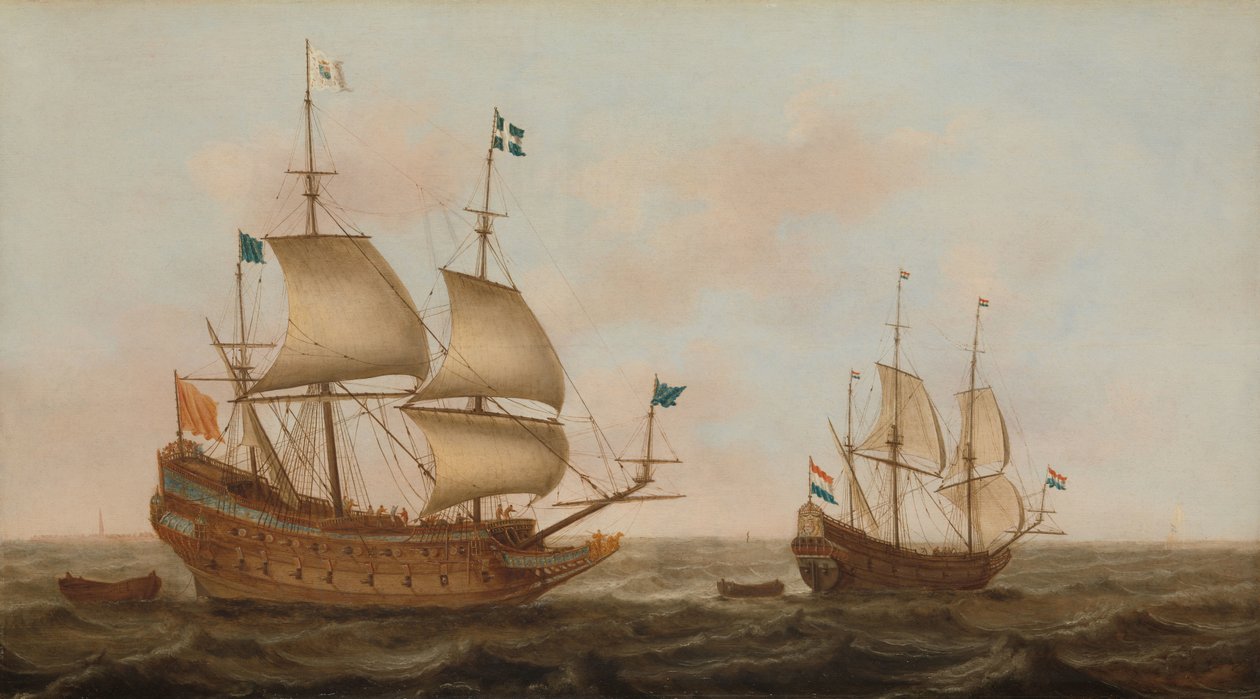 Een oorlogsschip gebouwd voor Frankrijk en een Nederlandse jacht onder zeil door Jacob Gerritz Loef